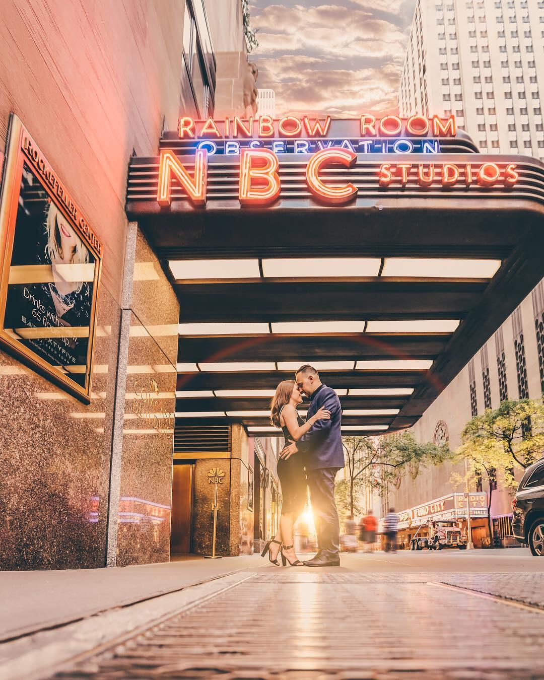 engagement session outside the rainbow room and nbc studios in new york city