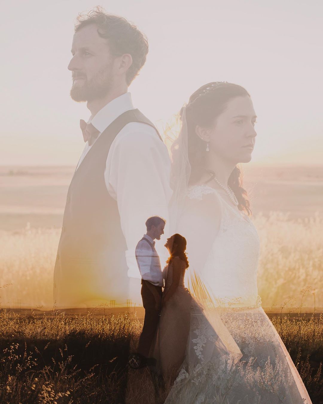 Double exposure photograph of a bride and groom posing in a field during the golden hour