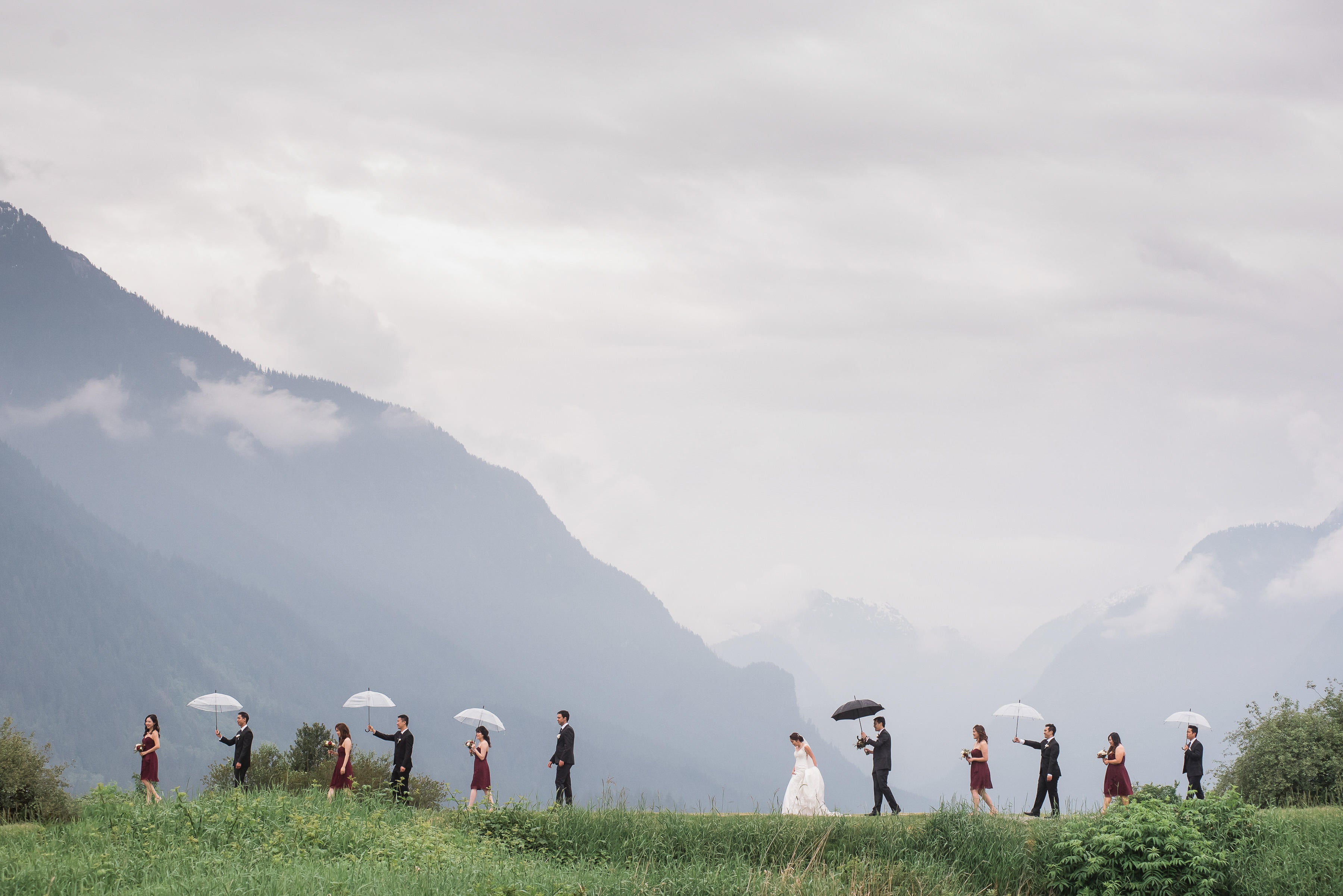 Bride & groom posing with bridesmaid & groomsmen with umbrellas in hand in front of a hillside landscape