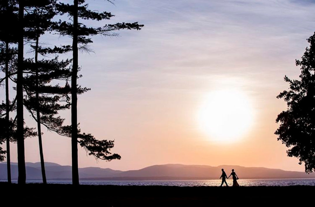 Silhouette of a couple walking by the beachside while holding hands