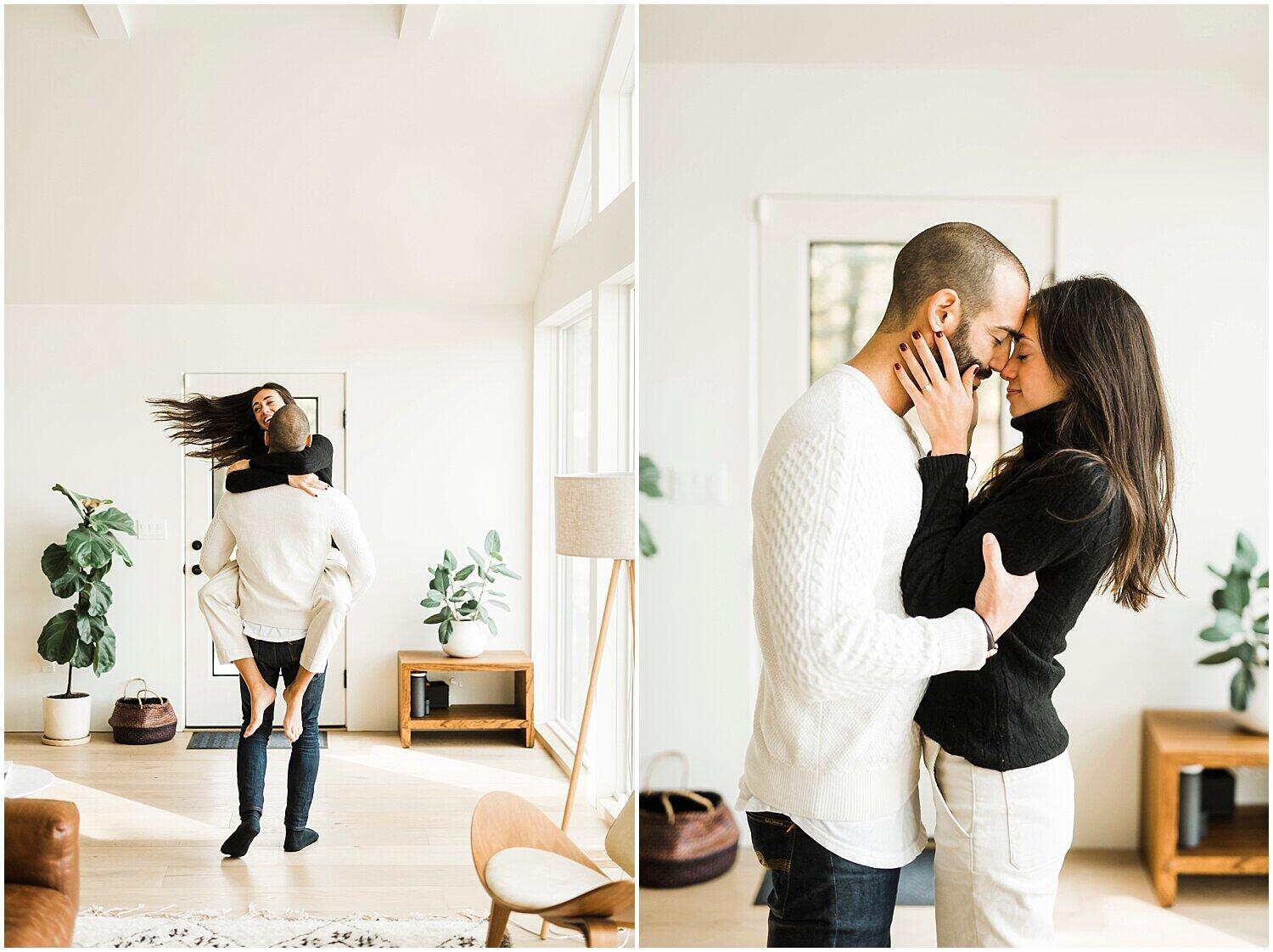 indoor engagement session with couple in black and white