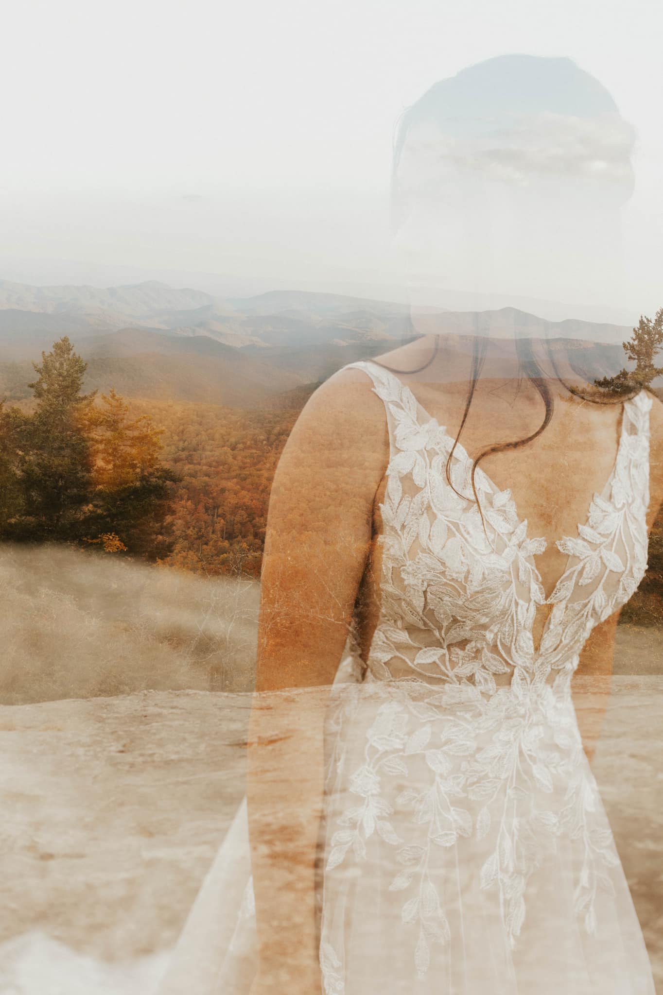 a beautiful scenery with the reflection of the bride in it