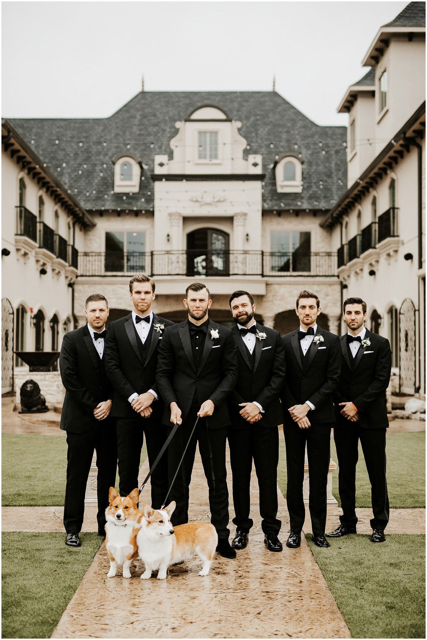 a groom posing with his pets and the groomsmen