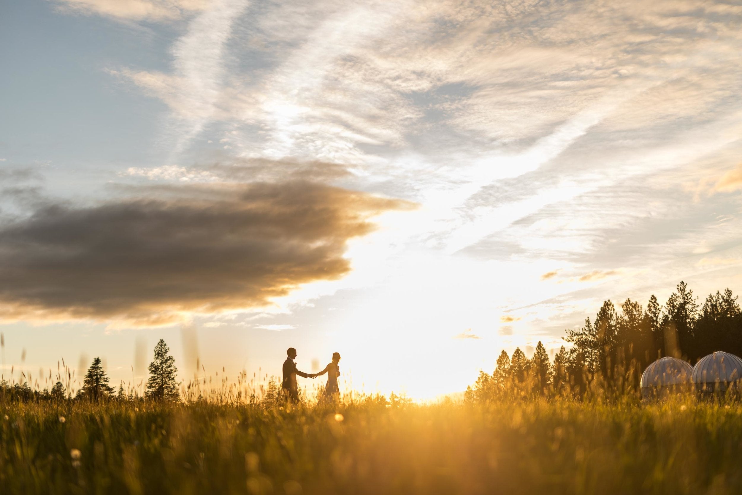 Couple holding hands as they walk through a farm