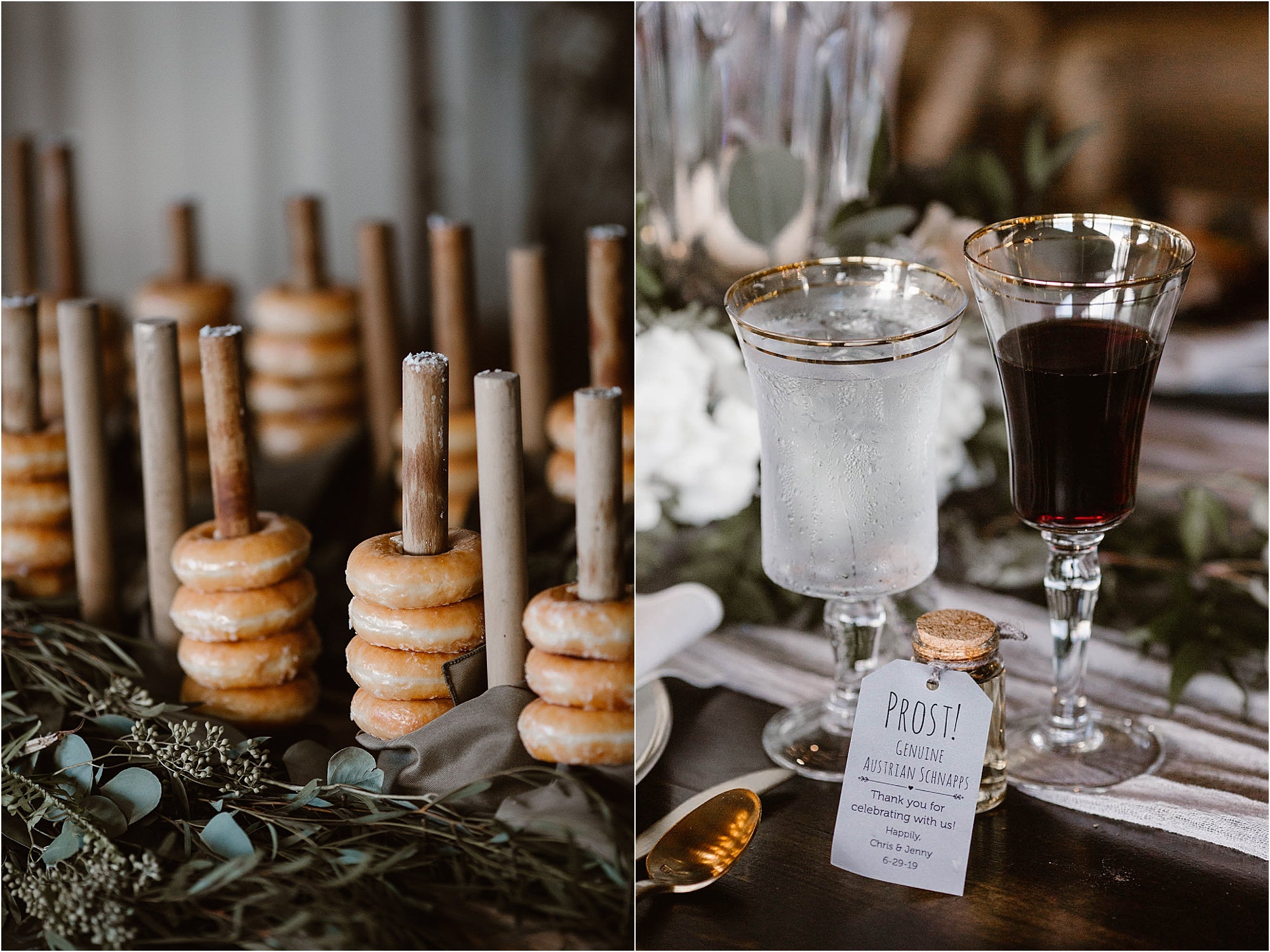 A detail shot of dessert and wine glasses