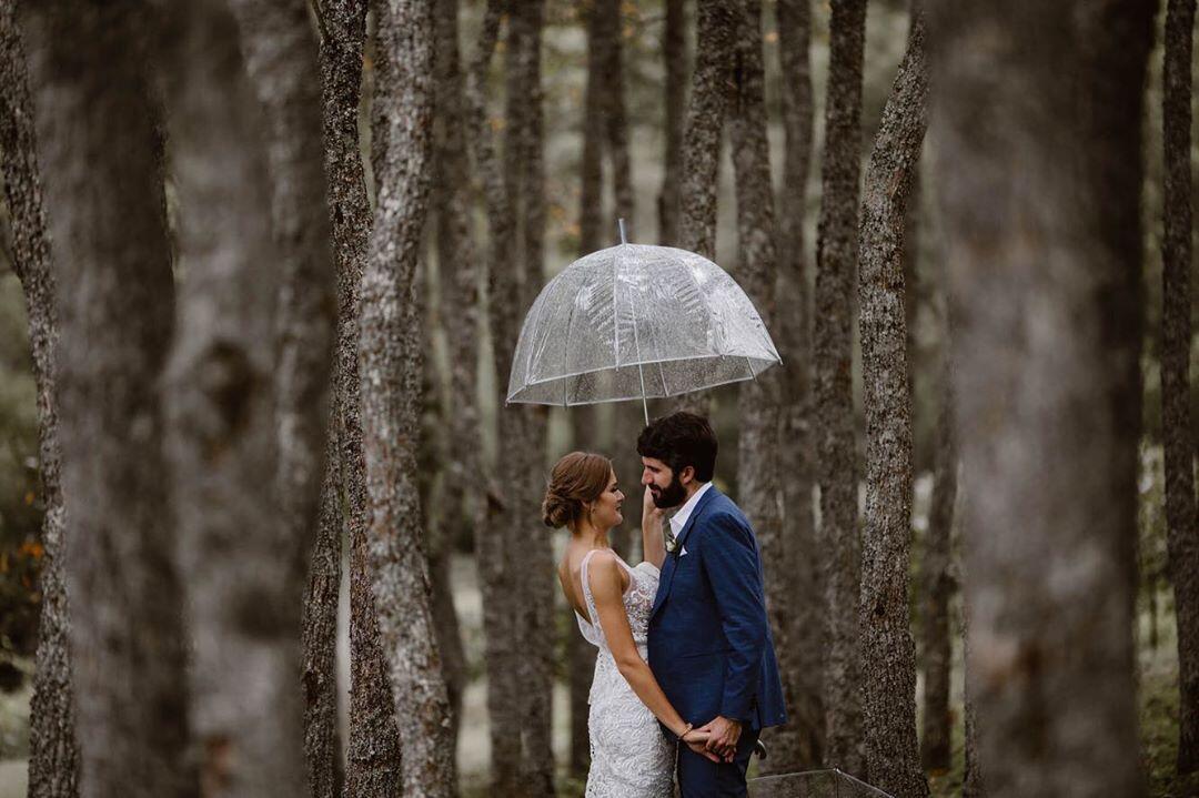 couple standing under umbrella in forest