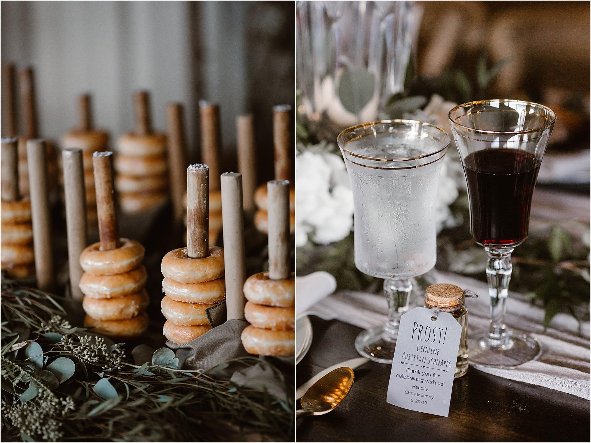 Wedding dessert table detail photos featuring bagels & wine glasses