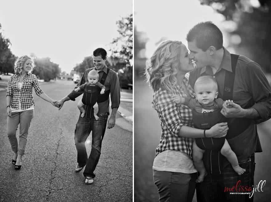 Two black and white family photography portraits with two adults and a baby.