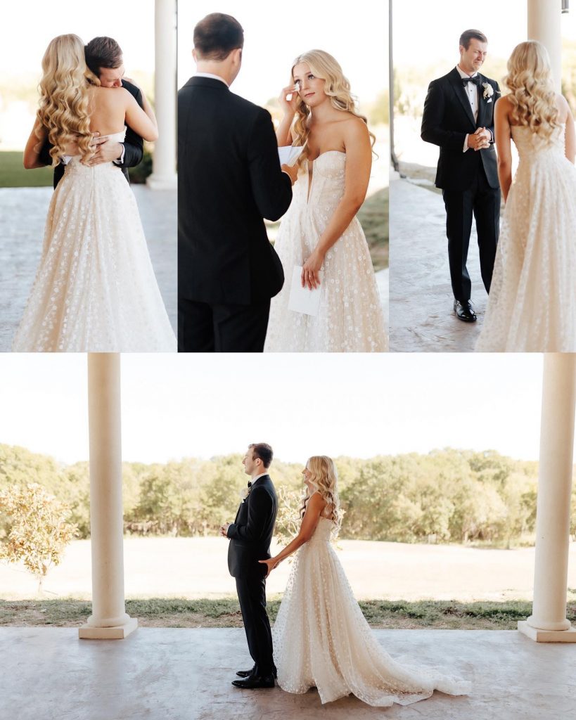 a wedding couple sharing an emotional moment after their first look 