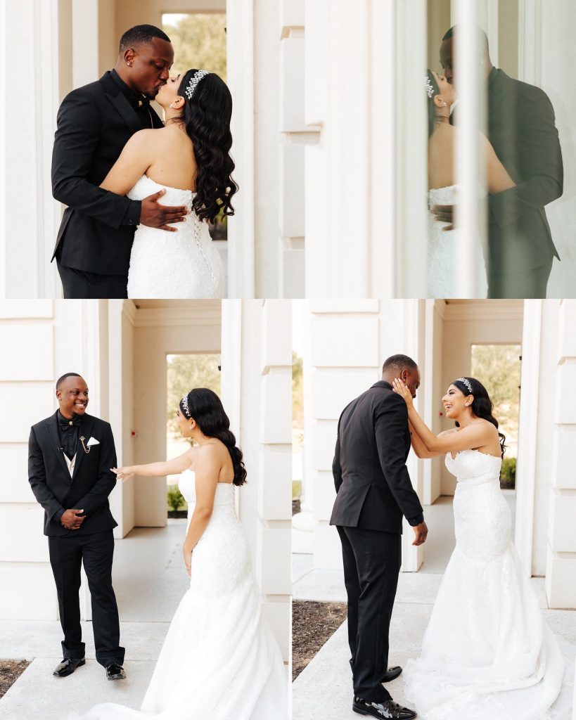 a wedding couple kissing and greeting each other during their first look