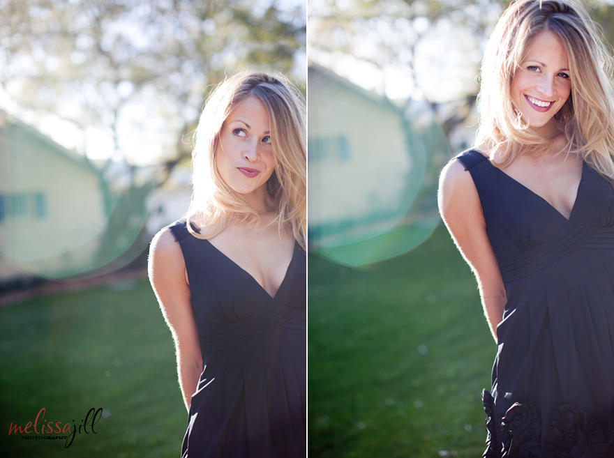 Two photos side by side of a woman in a black dress with backlighting. 