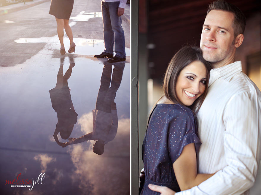 Two images side by side of an engagement session, with the left image of a reflection in a puddle of the couple.