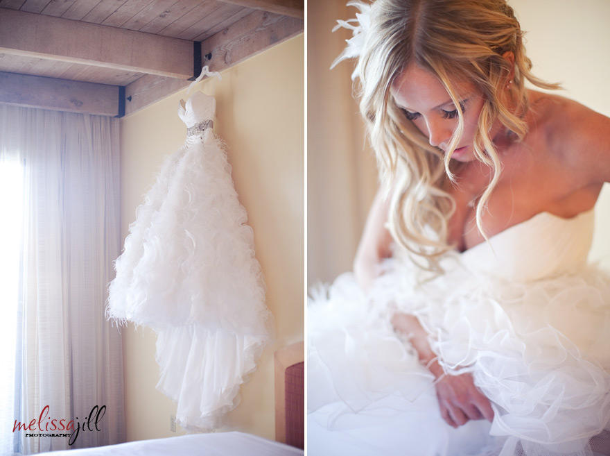 Two images side by side of the bride's dress hanging alone and the bride in her dress.