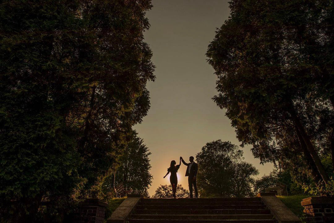 a silhouette of a couple dancing in between dense treelines