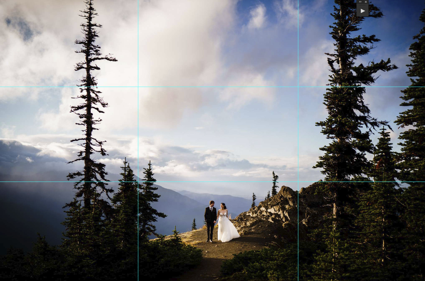 A 3 by 3 camera grid is visible on the image where a bride and groom holds hands with cloud-covered mountain peaks at the background