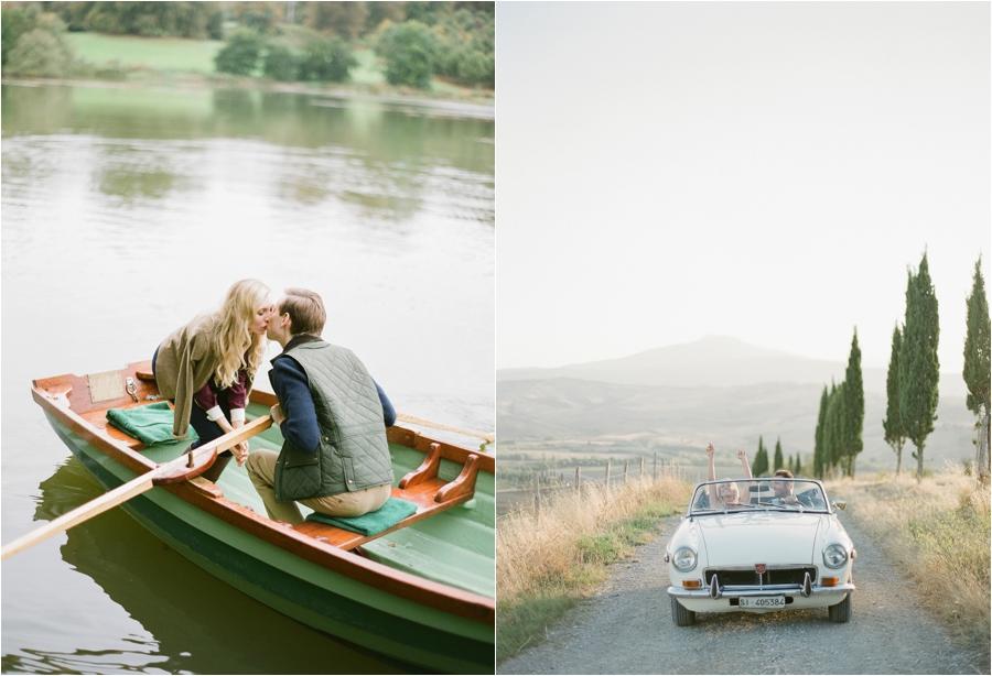 couple kissing in boar, couple driving in classic car in dirt road with trees and moutains