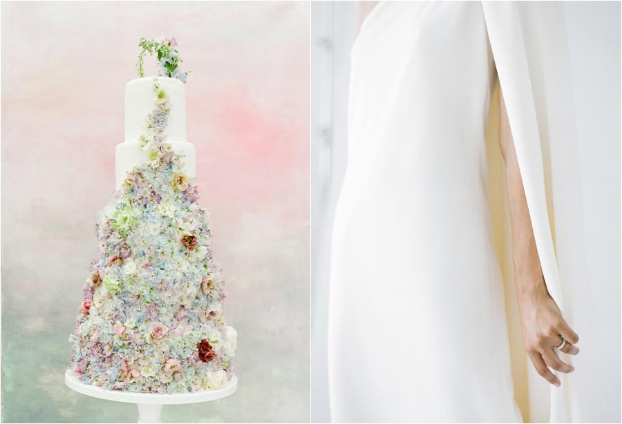 elaborately designed wedding cake and close up of bride's hand