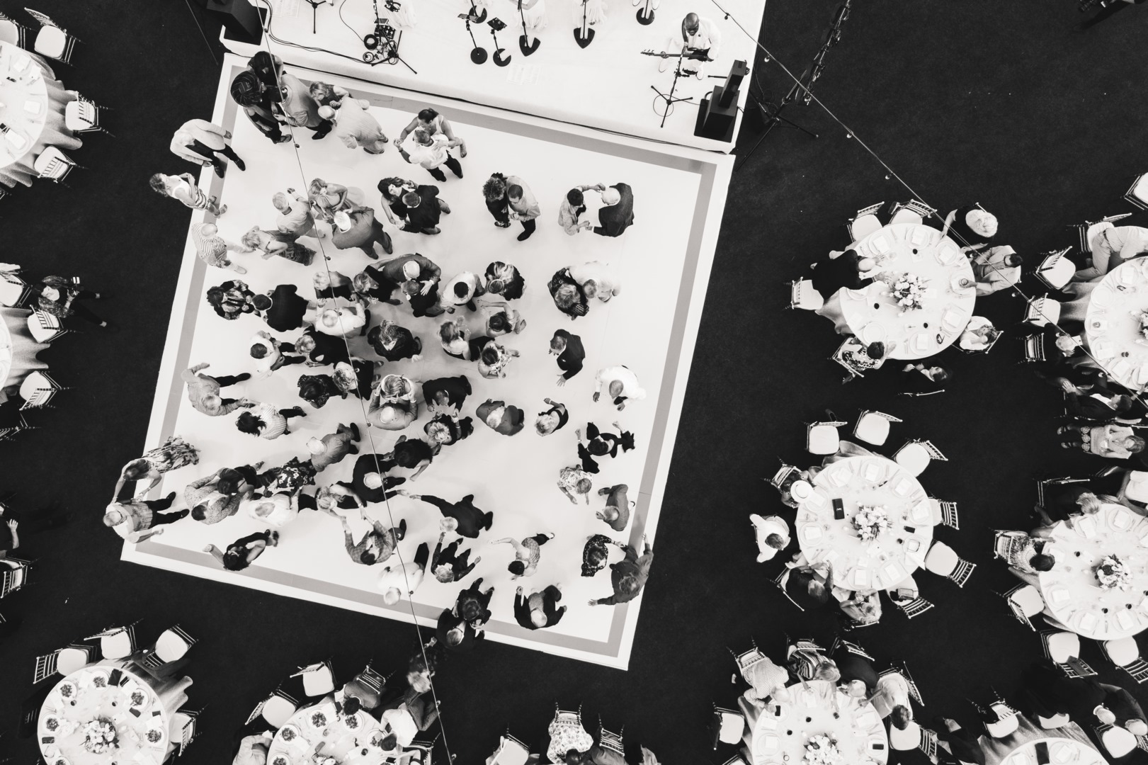 Aerial photograph of a dance floor during the wedding reception