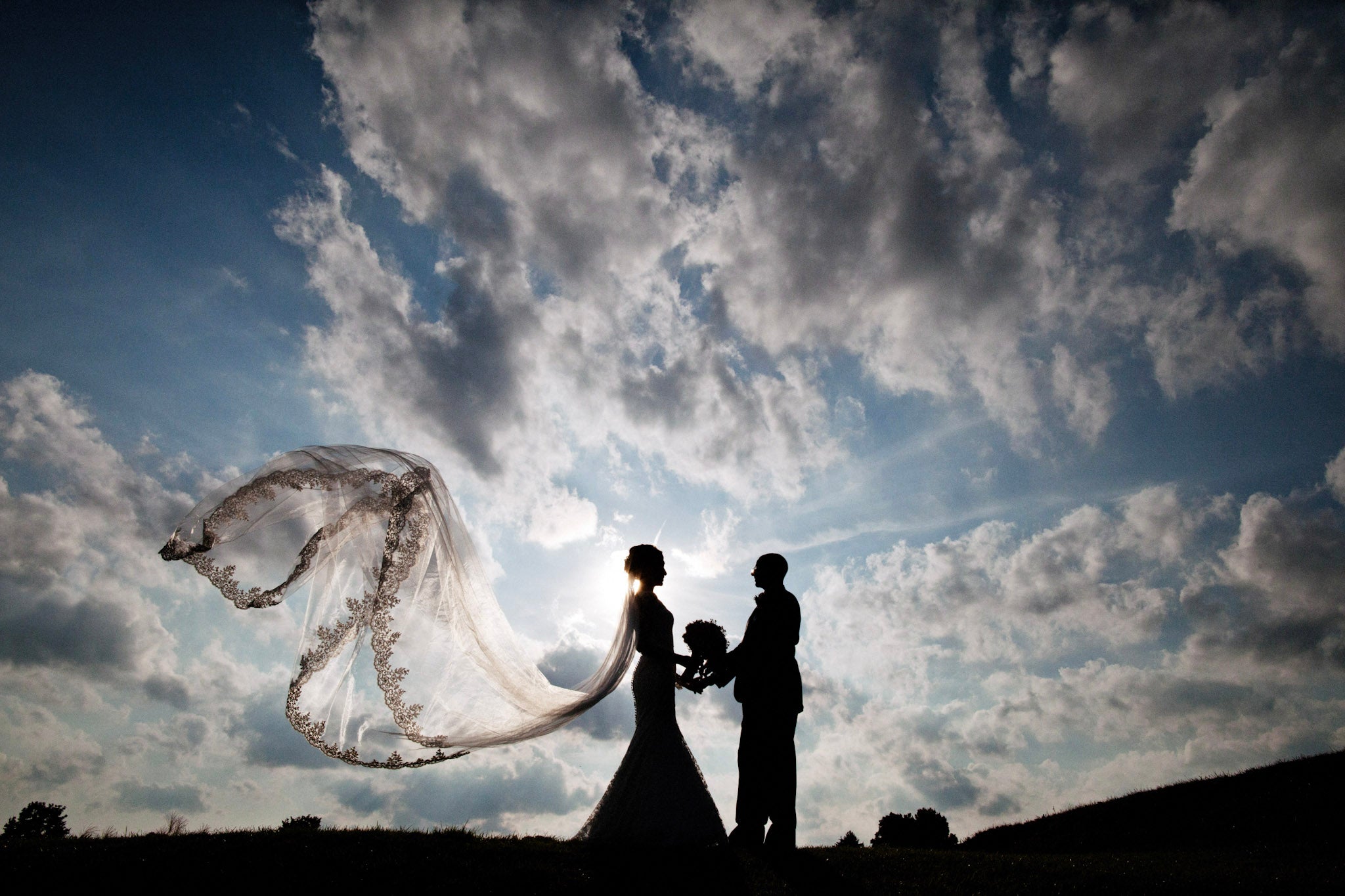 a silhouette of a newly wed couple against a beautiful clear blue sky