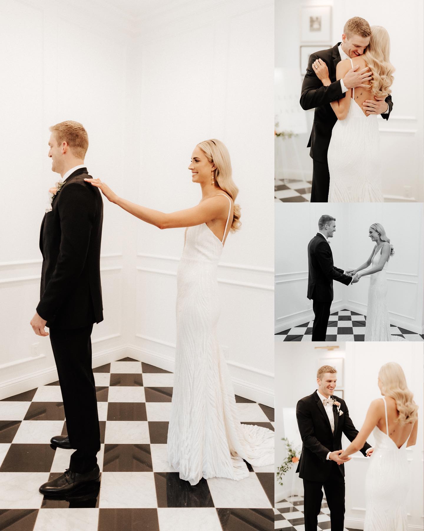 a collage of a series of wedding first look images