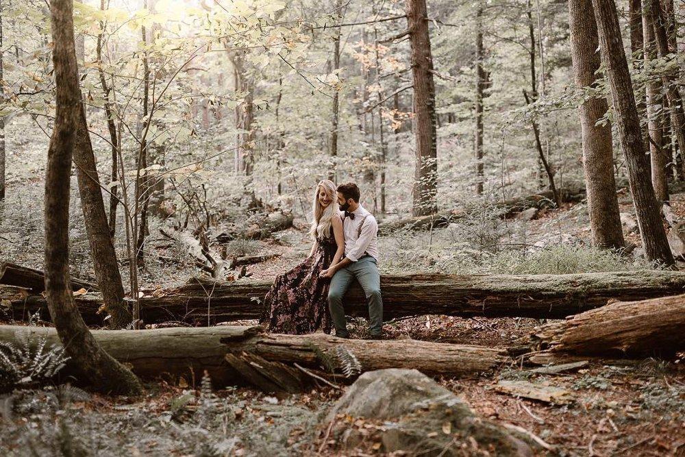 A photo of a couple sitting on a log amidst a forest shot by Erin Morrison, a wedding photography expert