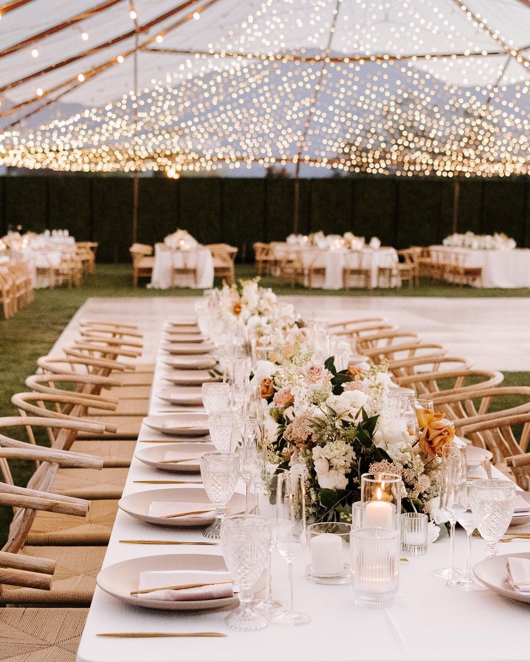 a wedding reception detail shot with tables and decorations 