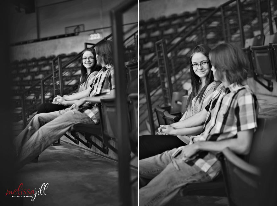 Two black and white engagement session images side by side, with the couple sitting in chairs in a ballpark.