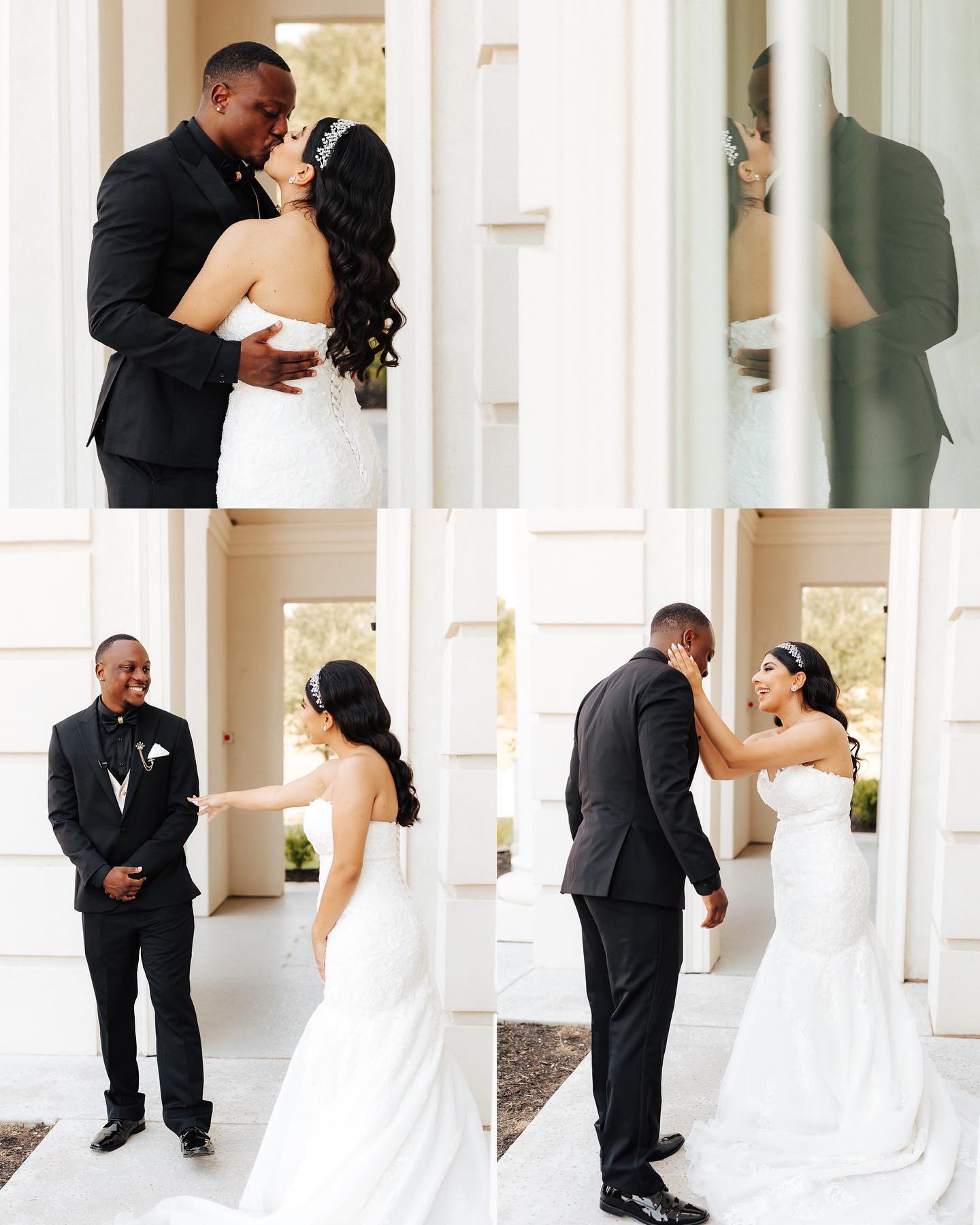 a collage of the bride to be and the groom to be looking at each other for the first time in their wedding attire