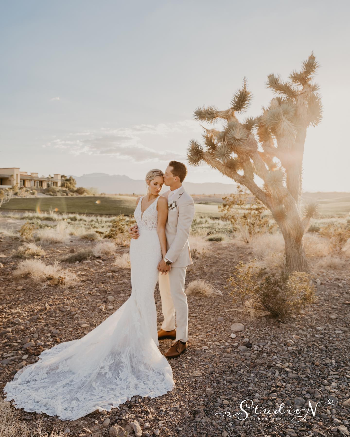 a couple posing in their wedding attire standing on a desert