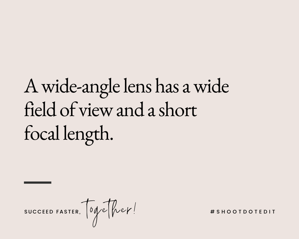 Infographic stating a wide-angle lens has a wide field of view and a short focal length