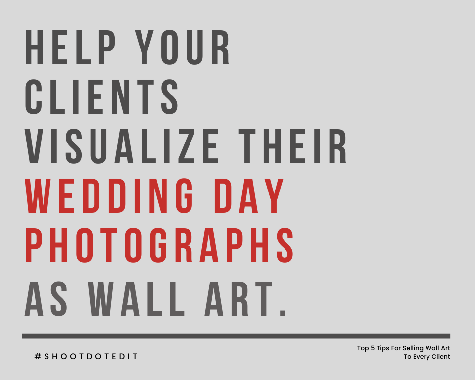 infographic stating help your clients visualize their wedding day photographs as wall art