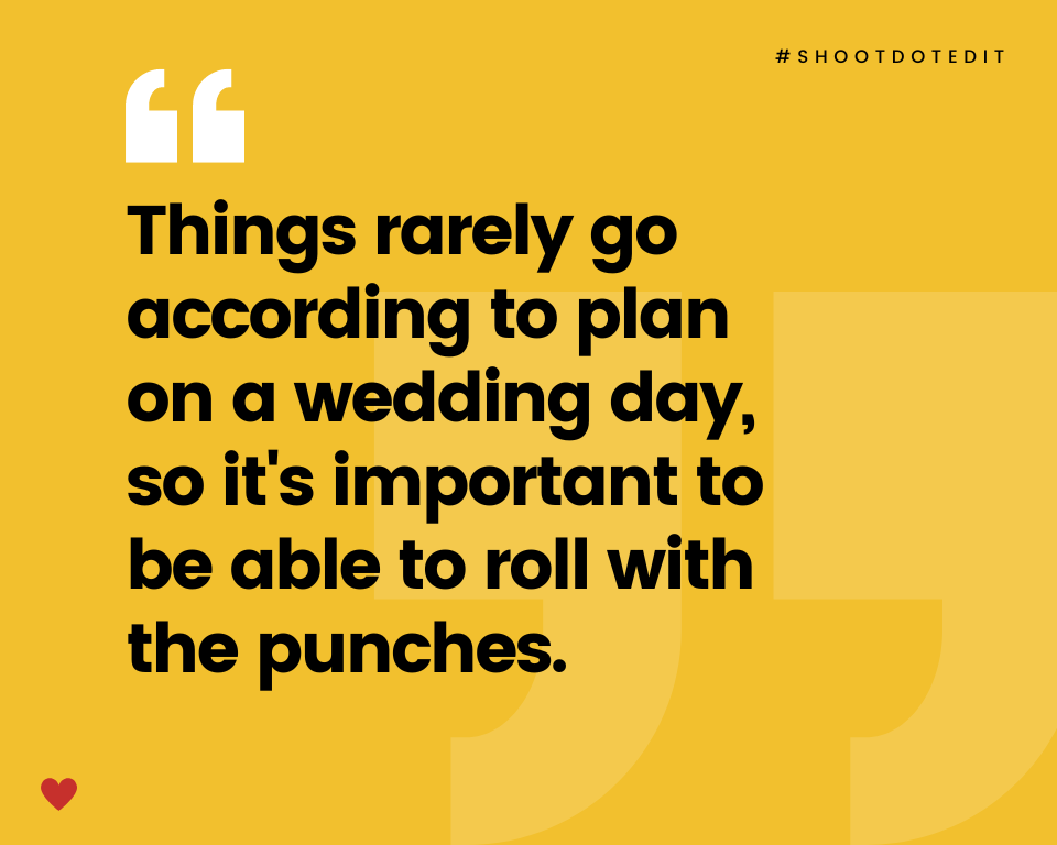 infographic stating things rarely go according to plan on a wedding day, so it's important to be able to roll with the punches