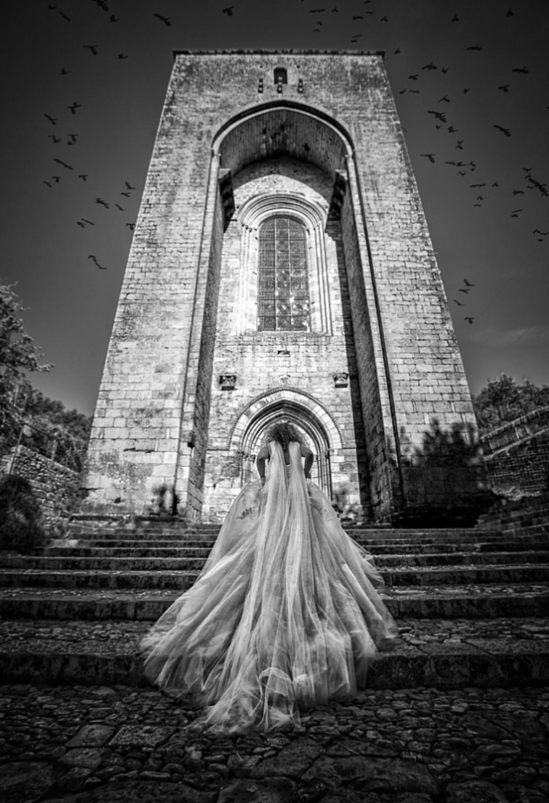 Monochrome capture of a bride climbing up the stairs followed by her huge veil