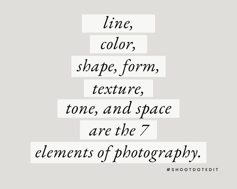 Infographic stating line, color, shape, form, texture, tone, and space are the 7 elements of photography