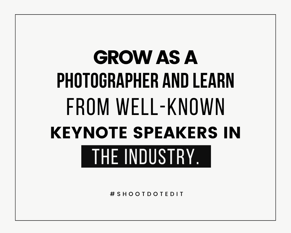 infographic stating grow as a photographer and learn from well known keynote speakers in the industry