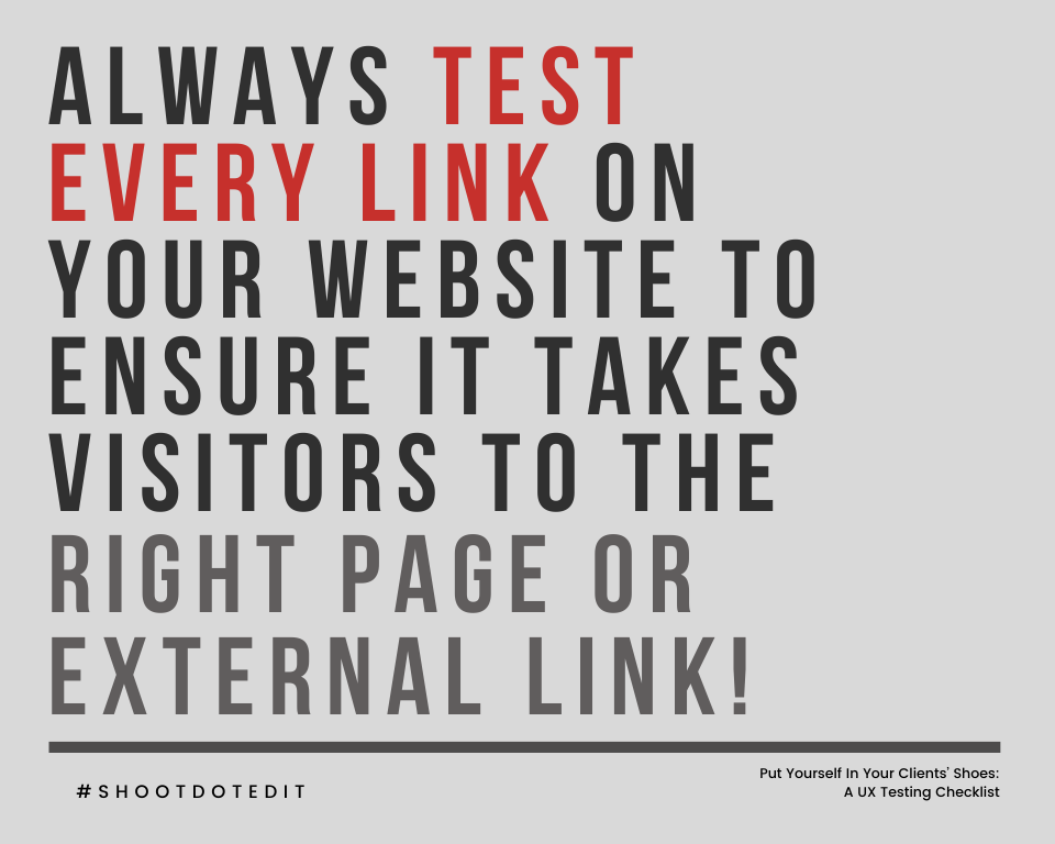 infographic stating always test every link on your website to ensure it takes visitors to the right page or external link