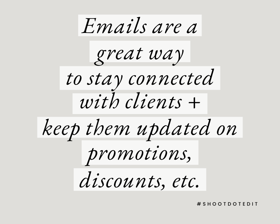 infographic stating emails are a great way to stay connected with clients + keep them updated on promotions, discounts, etc.