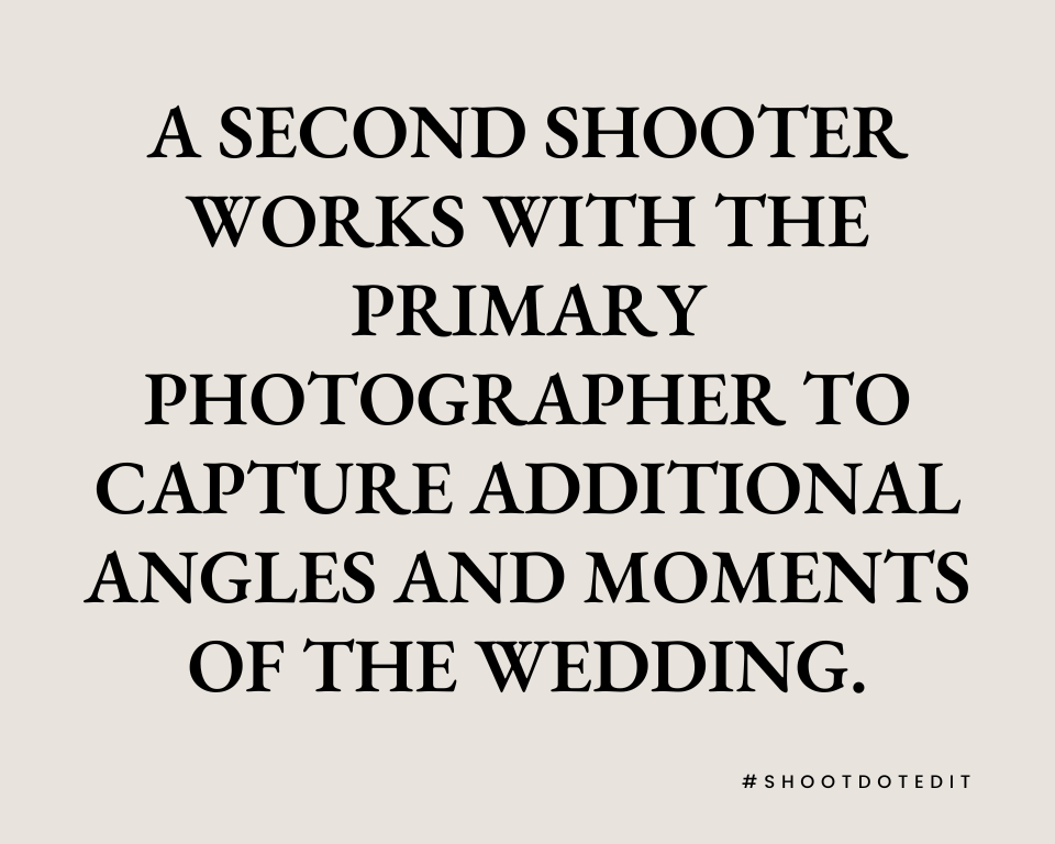 infographic stating a second shooter works with the primary photographer to capture additional angles and moments of the wedding